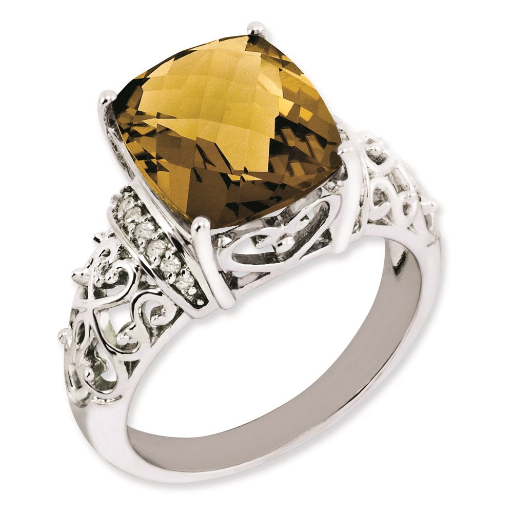 Sterling Silver RH-plated Diamond & Checker-Cut Whiskey Quartz Ring