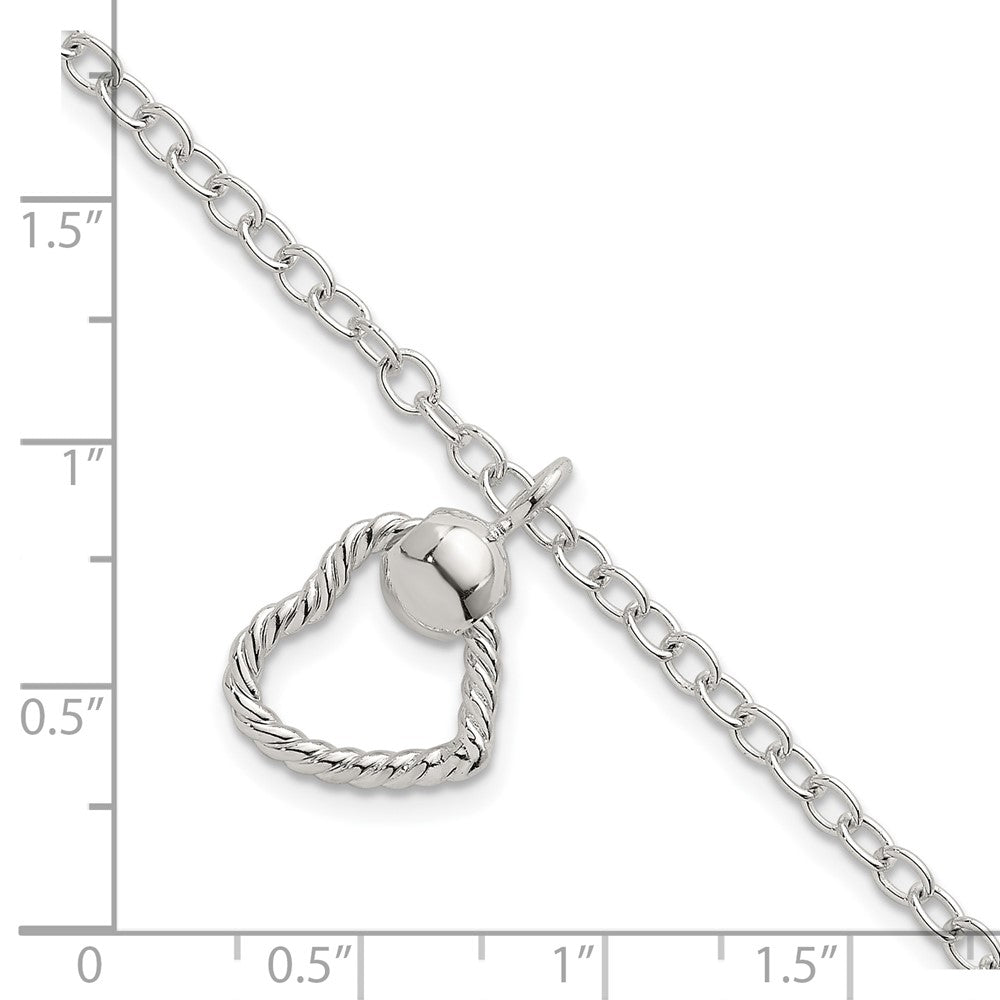 Sterling Silver Polished and Twisted Heart Dangle 7.5 Inch Cable Chain Bracelet 7.5 inches