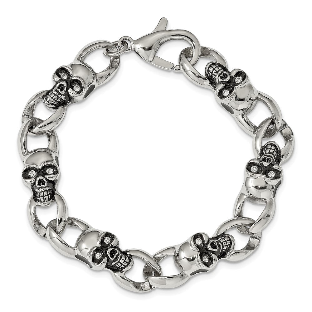Stainless Steel Antiqued and Polished w/CZ Skulls 9in Bracelet 9 inches