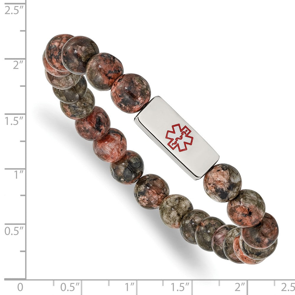 Stainless Steel Polished Enamel Medical ID Poppy Jasper Stretch Bracelet