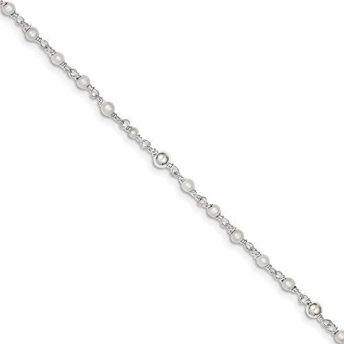 Sterling Silver Polished 9in Plus 1in ext FWC Pearl and Heart Anklet