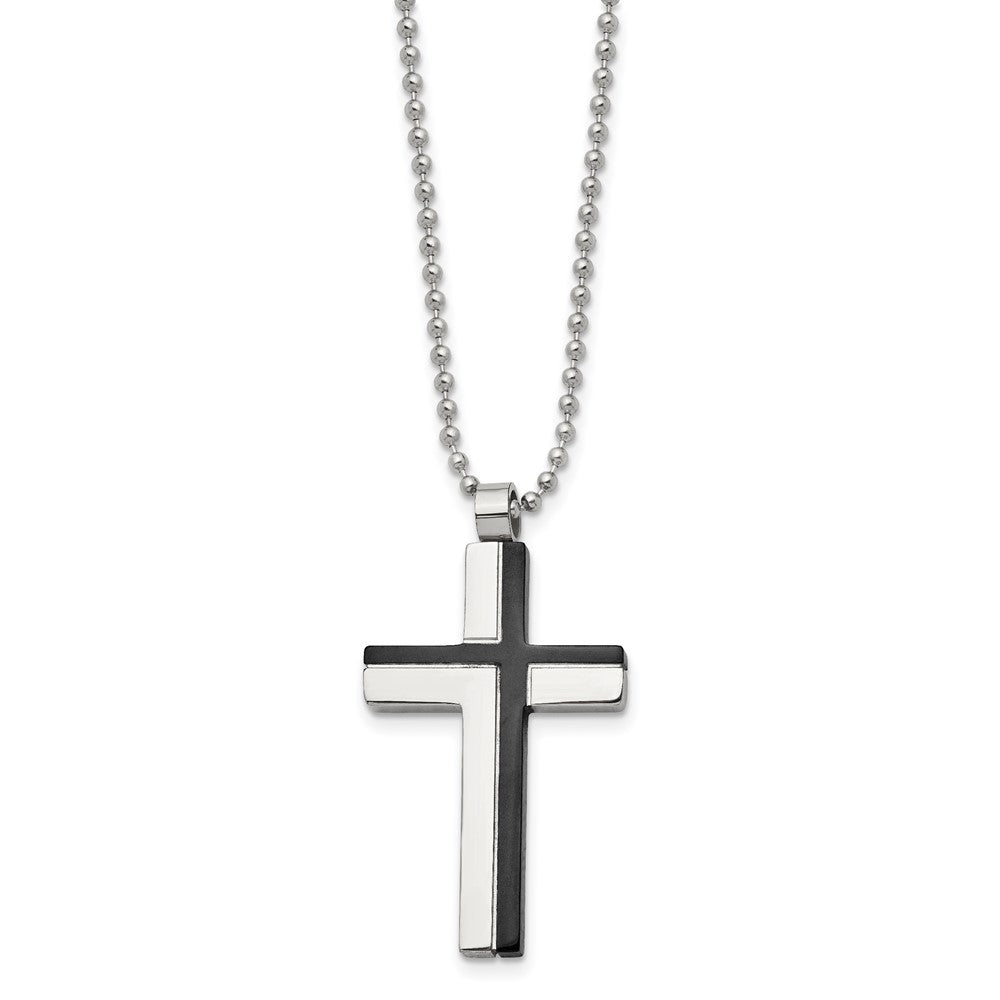 Stainless Steel Polished Black IP-plated Laser Cut Cross 20in Necklace