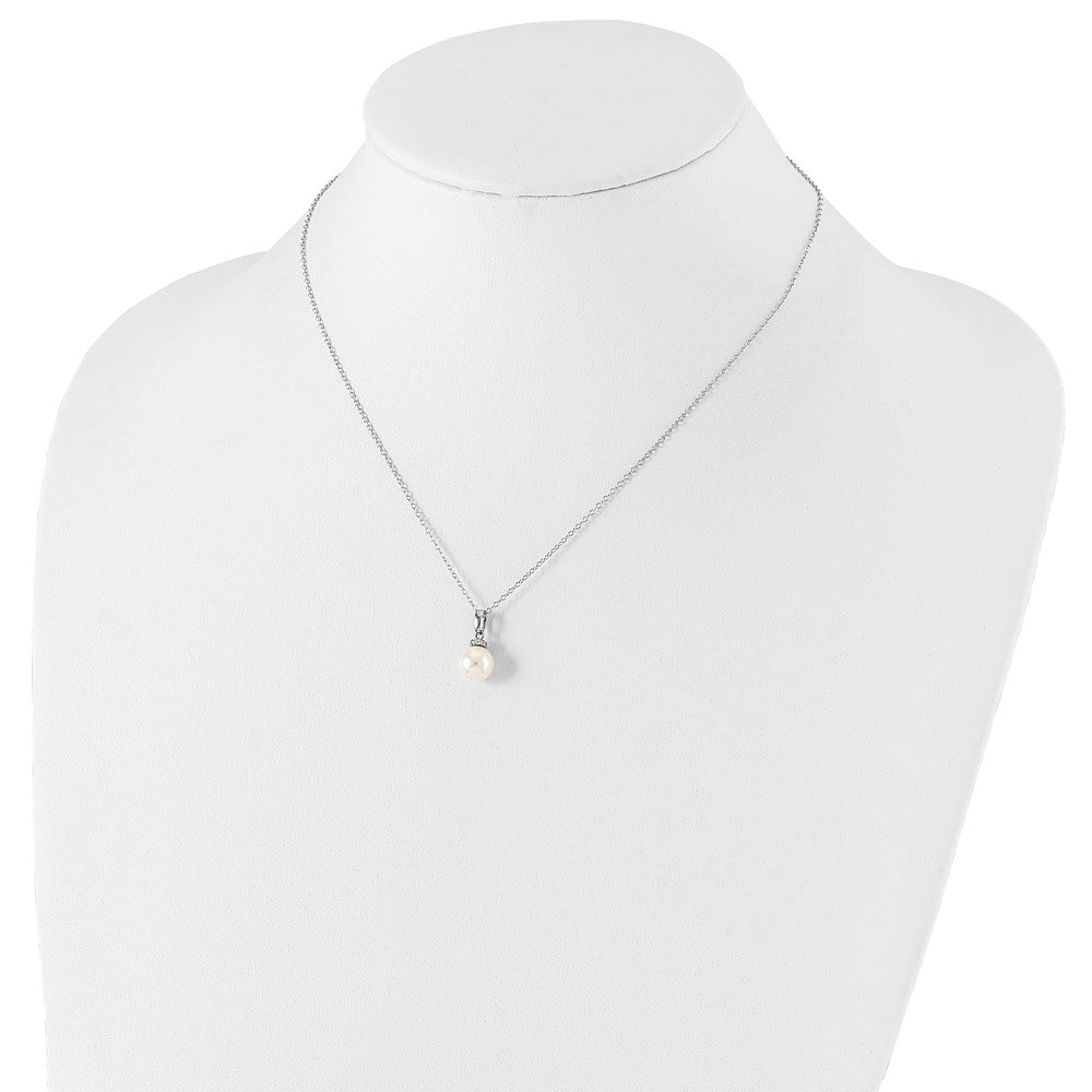 Majestik Sterling Silver Rhodium-plated 8-9mm White Imitation Shell Pearl CZ Spring Ring Clasp 17 inch Necklace 17 Inches