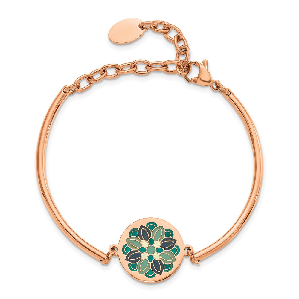 Stainless Steel Polished Rose IP w/Enamel Flower w/2in ext Bracelet 5.5 inches
