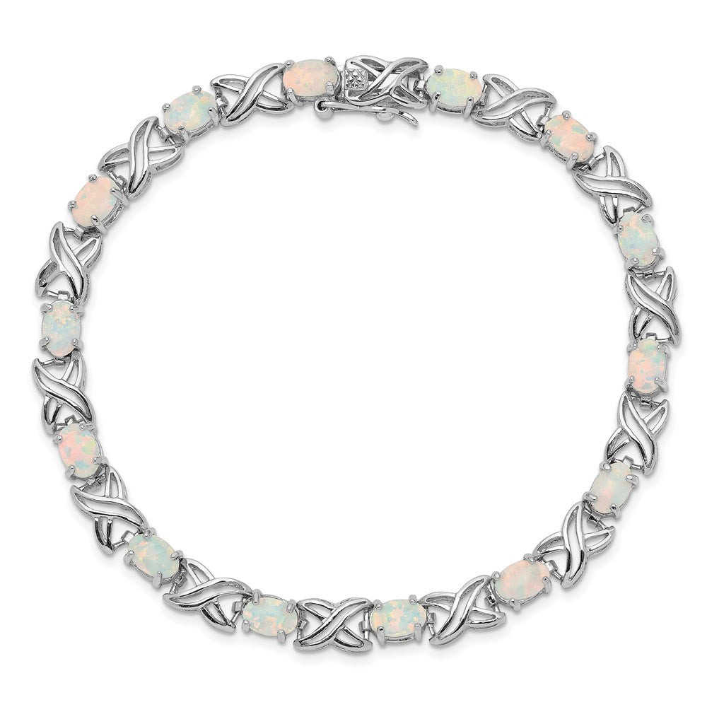 Sterling Silver Rhodium Plated 8.5 inch Created Opal XO Bracelet 8.5 inches