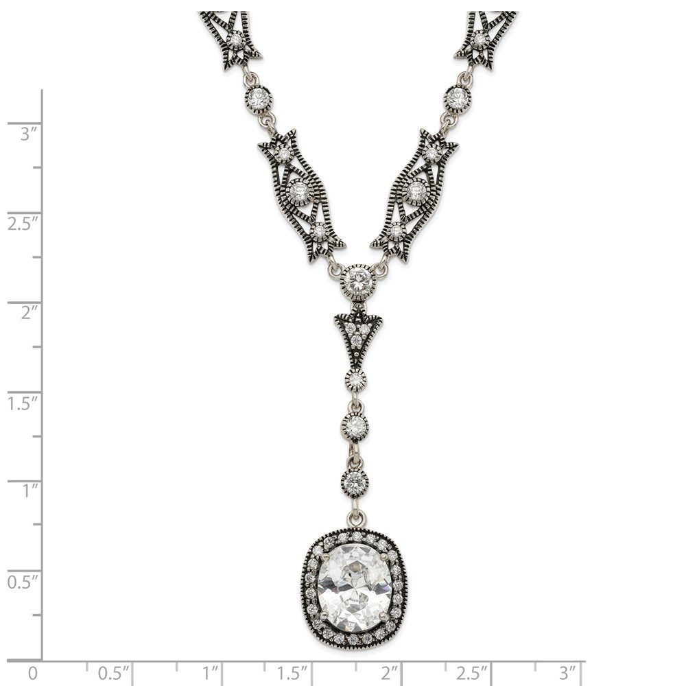 Sterling Silver Rhod-pl Antiqued White Cz Oval Necklace