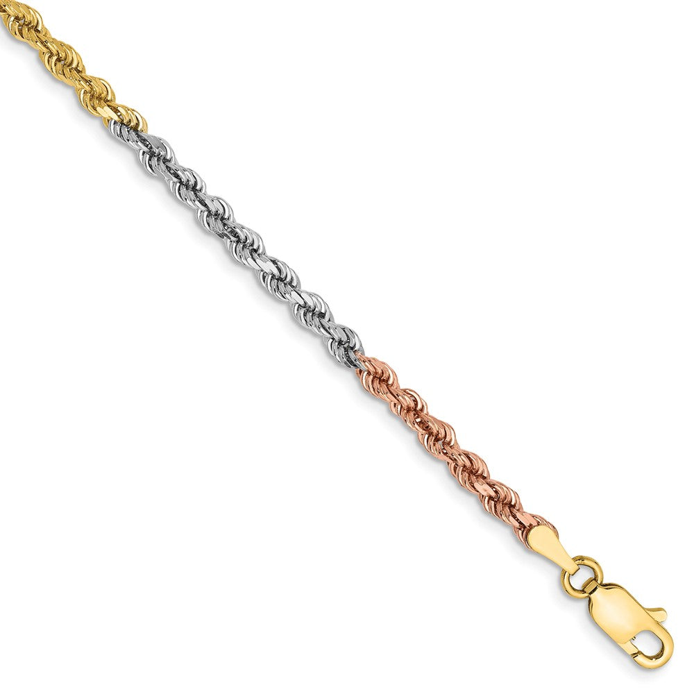 14K Tri-colored 8 inch 2.9mm Diamond-cut Rope with Lobster Clasp Chain 8 inches