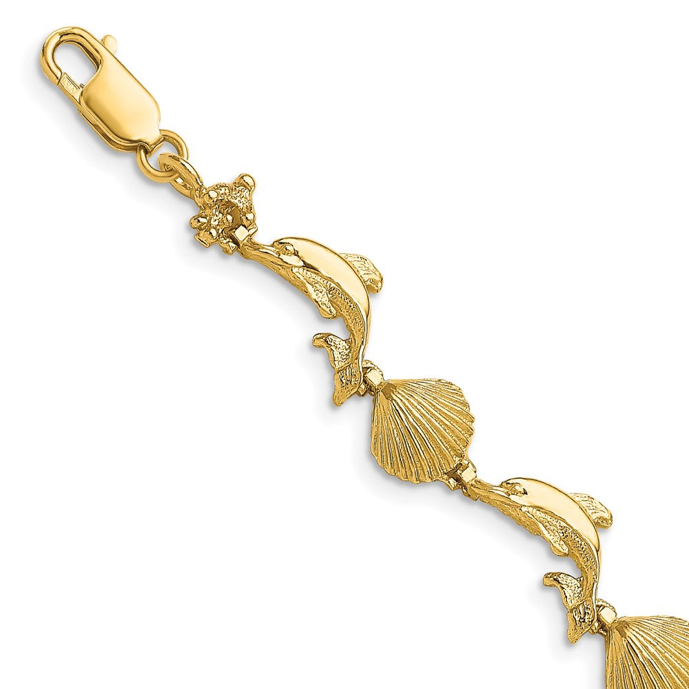 14K Dolphin and Shell Bracelet 7.5 inches