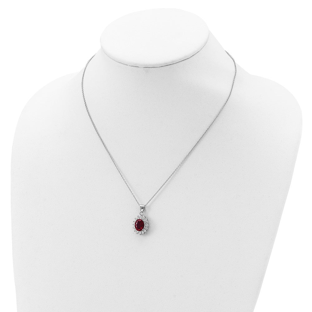 Cheryl M Sterling Silver Rhodium-plated Brilliant-cut Lab Created Ruby and Brilliant-cut White CZ Oval Halo 18.25 Inch Necklace