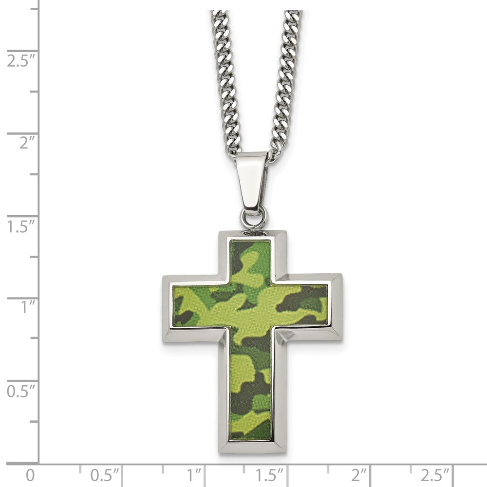 Stainless Steel Polished Printed Green Camo Under Rubber Cross Necklace