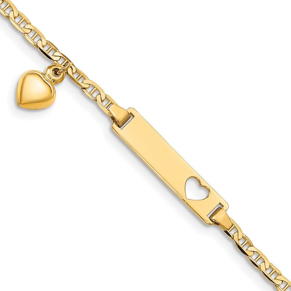 14k Cut-out Heart w/Dangling Heart Children's Anchor Link ID Bracelet 6 inches