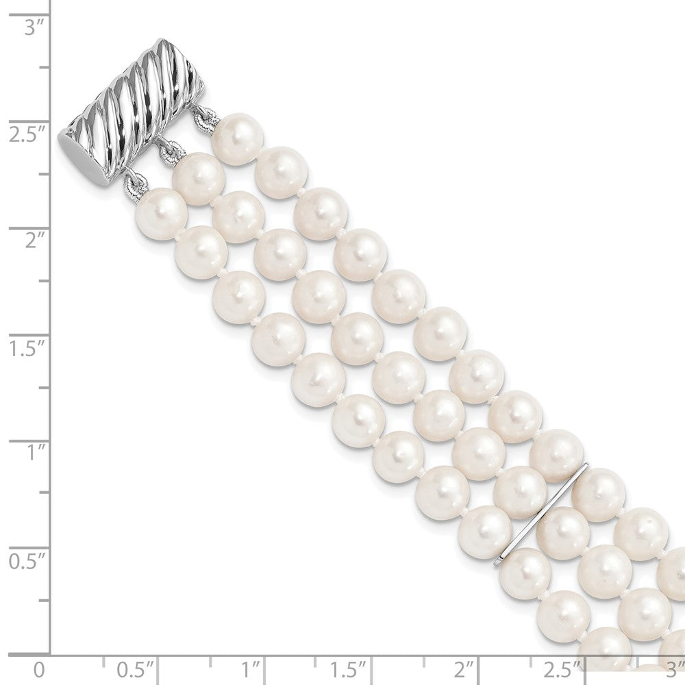 Sterling Silver Rhodium-plated 6-7mm White Near-Round Freshwater Cultured Pearl 3-Strand 7.5 inch Bracelet 7 inches