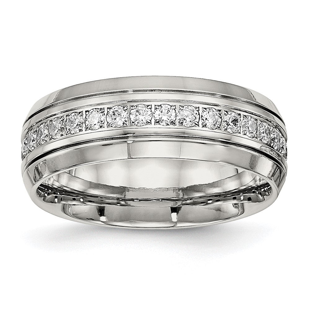 Stainless Steel Polished and Grooved w/CZ 8mm Half Round Band Size - 12.5