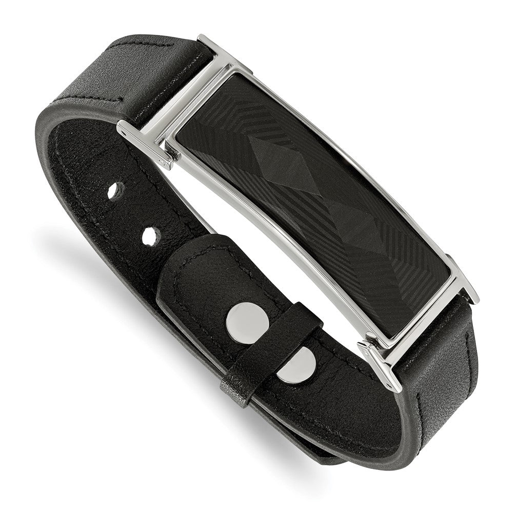 Stainless Steel Polished Leather w/Carbon Fiber Inlay Adj. 7-9.25in Bracele
