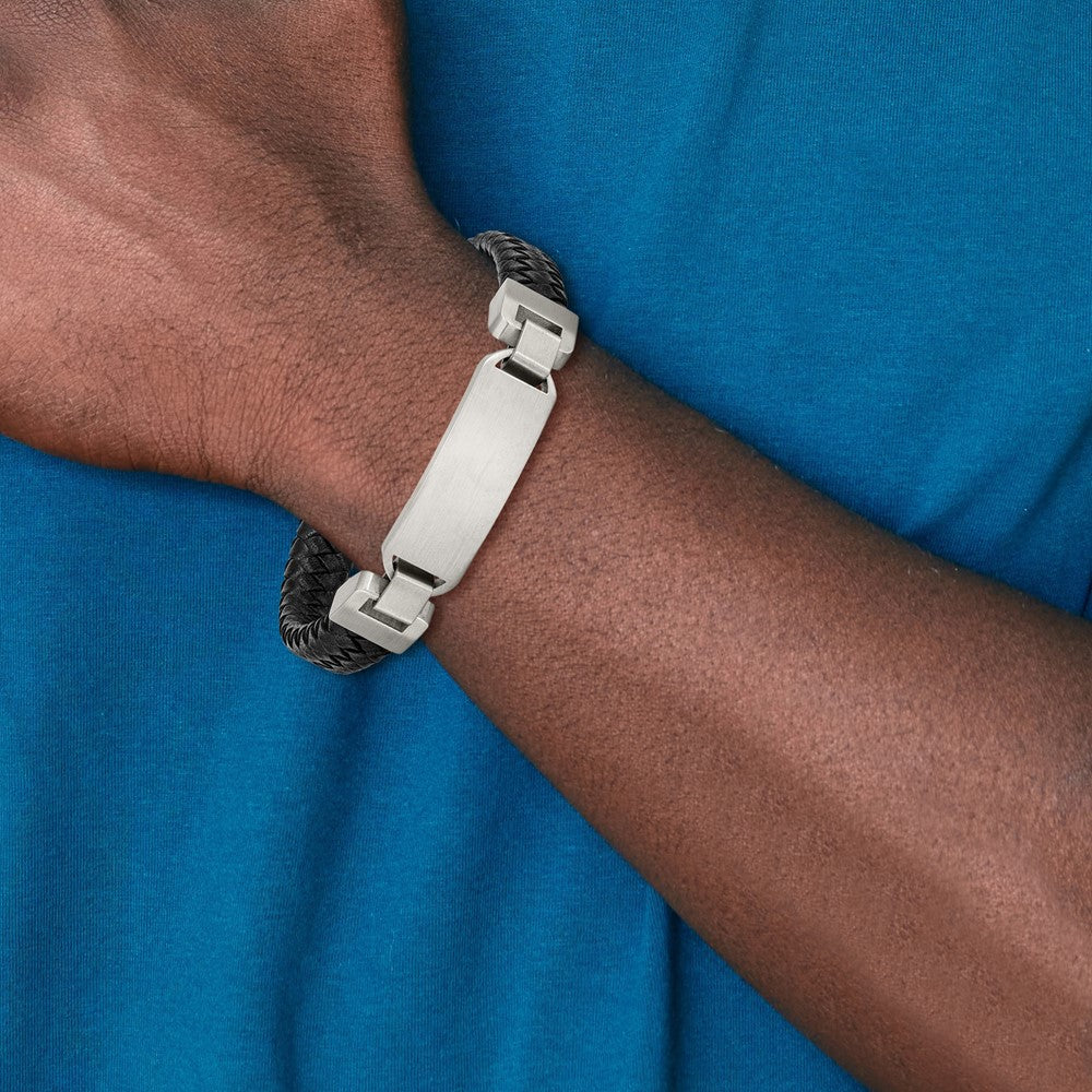 Stainless Steel Brushed Black Leather 8.5in ID Bracelet 8.5 inches