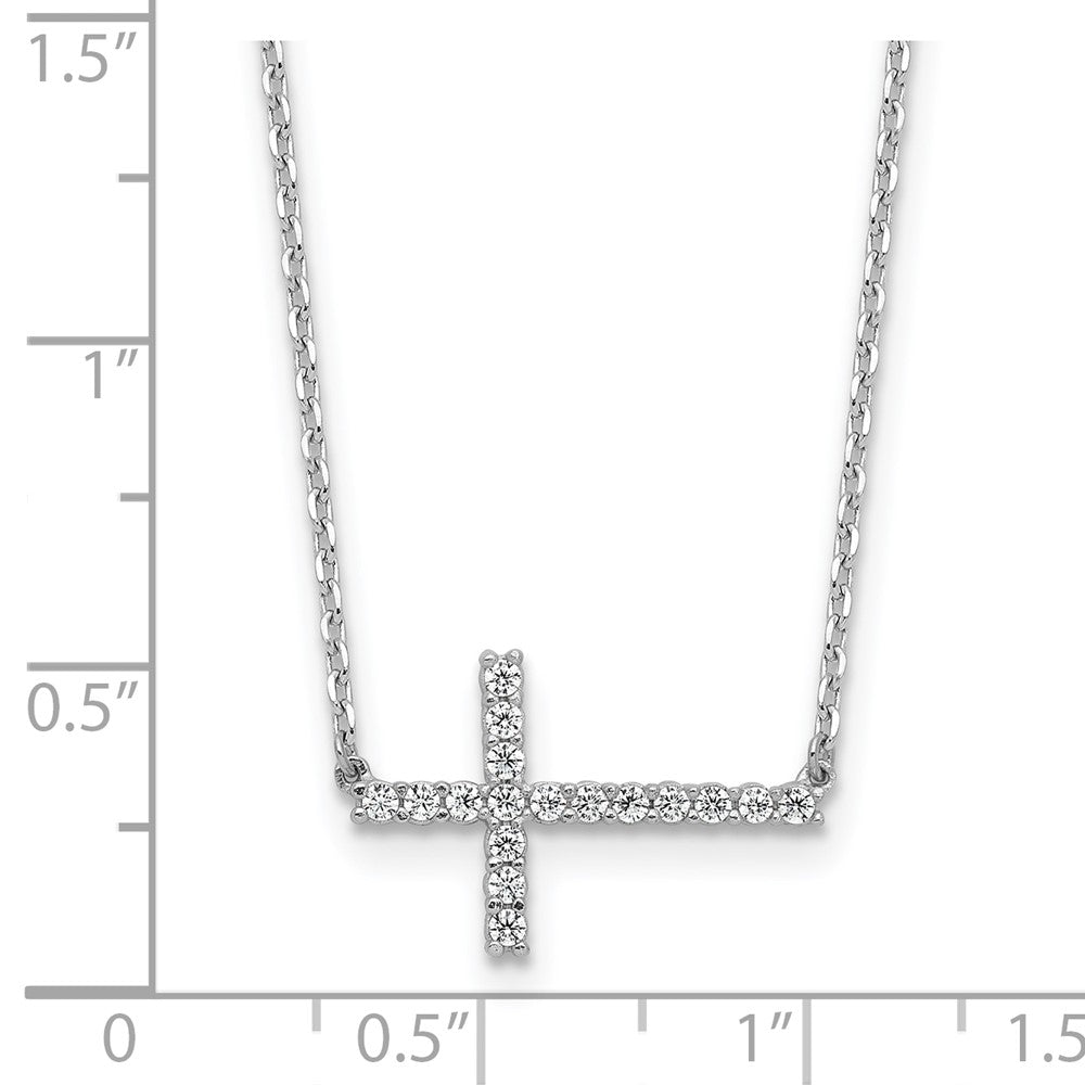 Sterling Shimmer Sterling Silver Rhodium-plated 1.3mm CZ 17 Stone Sideway Cross 16 inch with 2 inch Extension Necklace 16 Inches