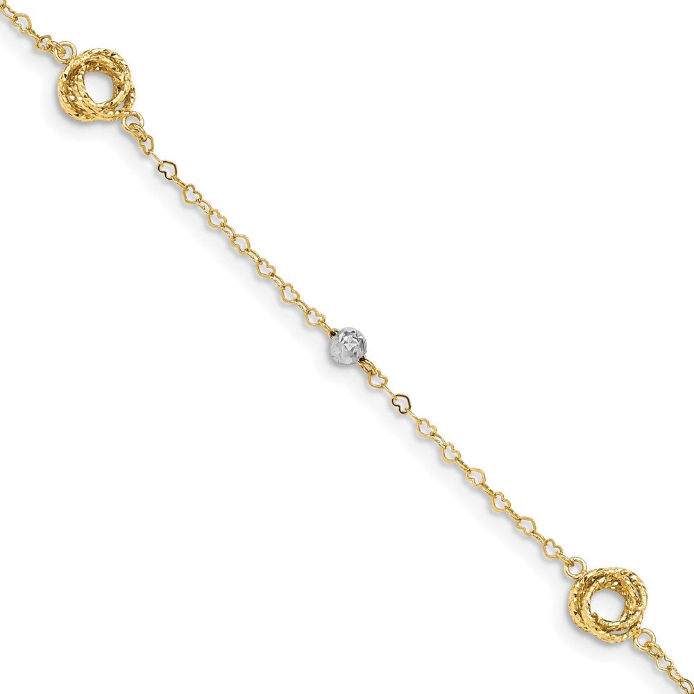 14k Two-tone Love Knots on Small Heart Link Bracelet 7.5 inches