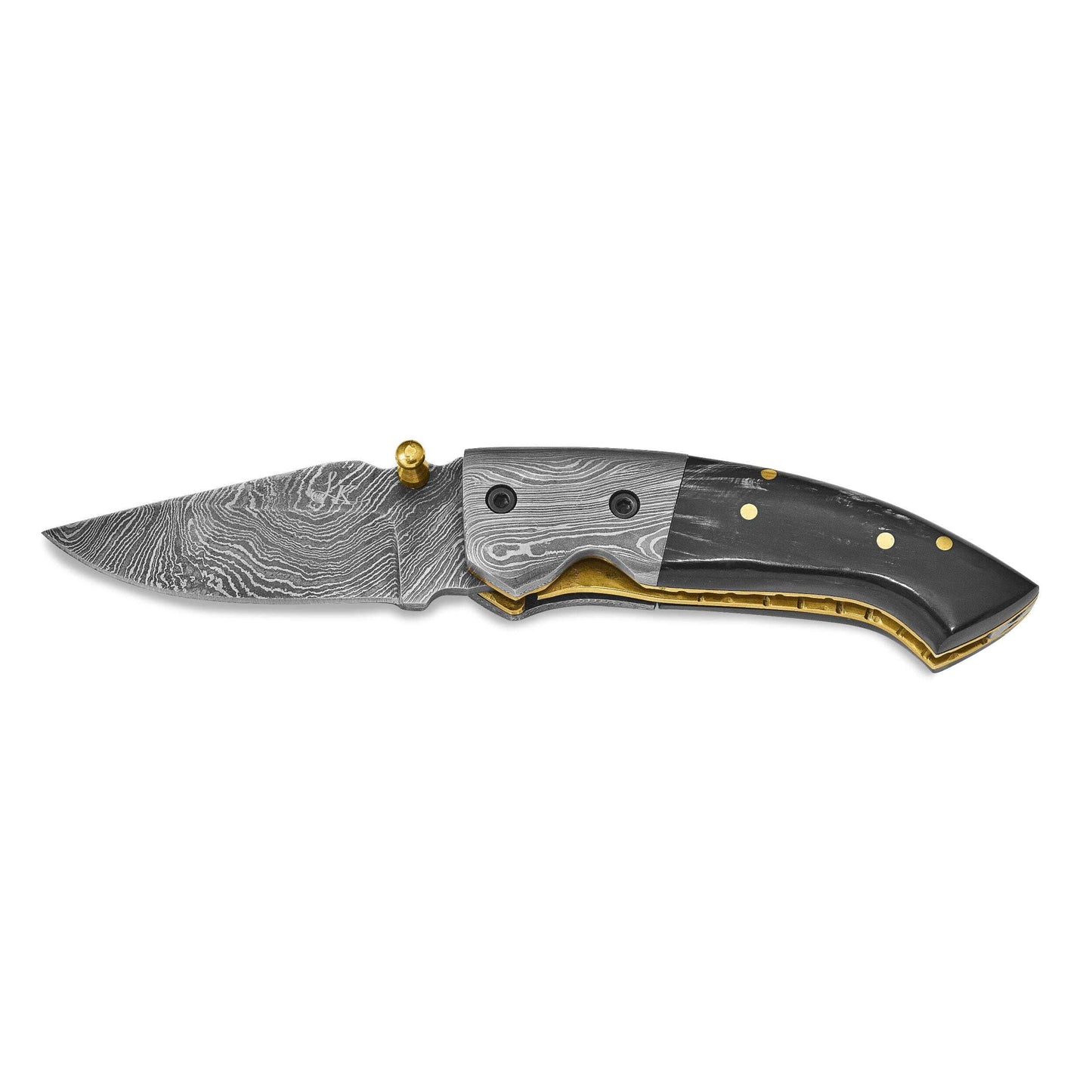Luxury Giftware Damascus Steel 256 Layer Folding Blade Steel Guard Buffalo Horn Handle Knife with Leather Sheath and Wooden Gift Box QKN1110
