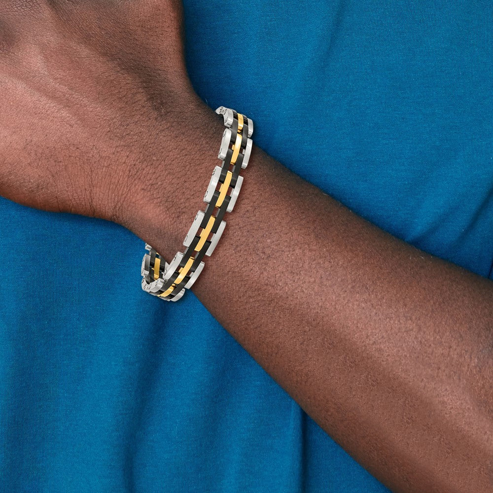 Stainless Steel 8.25in Brushed & Polished Black & Yellow IP Link Bracelet 8.25 inches