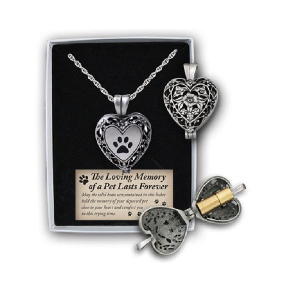 In Loving Memory Paw Print Heart Locket W/Ash Holder On 24" Chain Gift Boxed