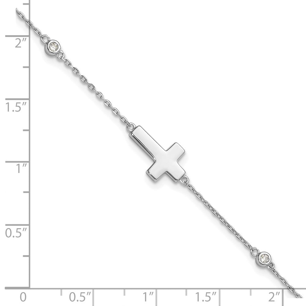 Sterling Silver Rhodium-plated CZ Sideways Cross 8in w/1in ext. Bracelet