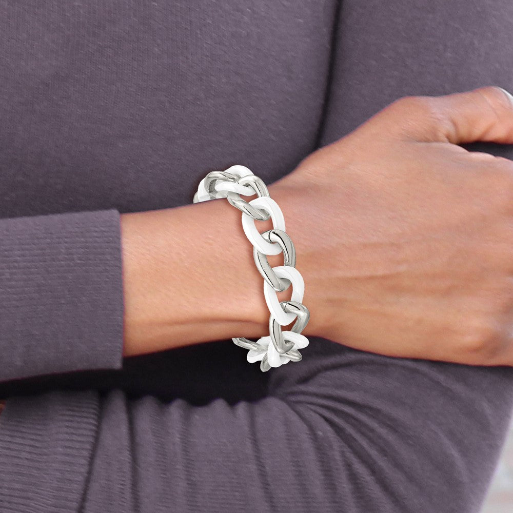 Stainless Steel Polished w/White Ceramic 7.5in w/1in ext. Bracelet 7.25 inches