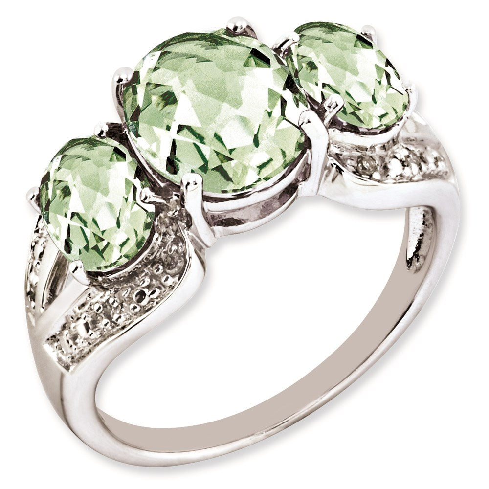 Sterling Silver Rhodium-plated Checker-Cut Green Quartz & Diamond Ring