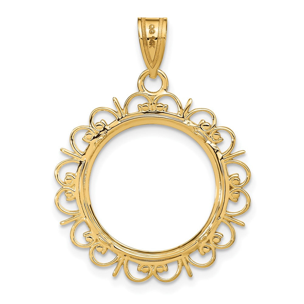 Wideband Distinguished Coin Jewelry 14k Polished and Diamond-cut Fancy 16.5mm Prong Coin Bezel Pendant