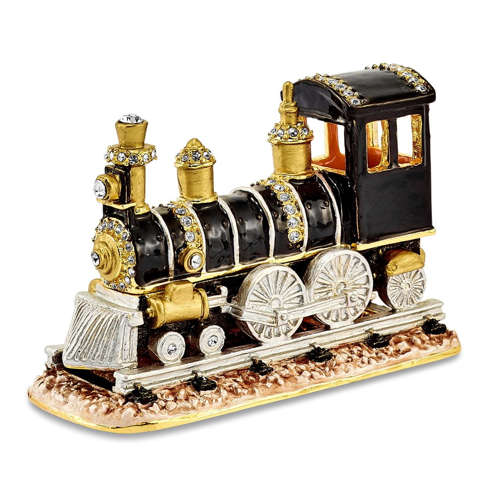 Luxury Giftware by Jere Bejeweled Crystals Gold-tone Enameled AXEL Steam Engine Trinket Box with Matching 18 Inch Necklace QBJ4015