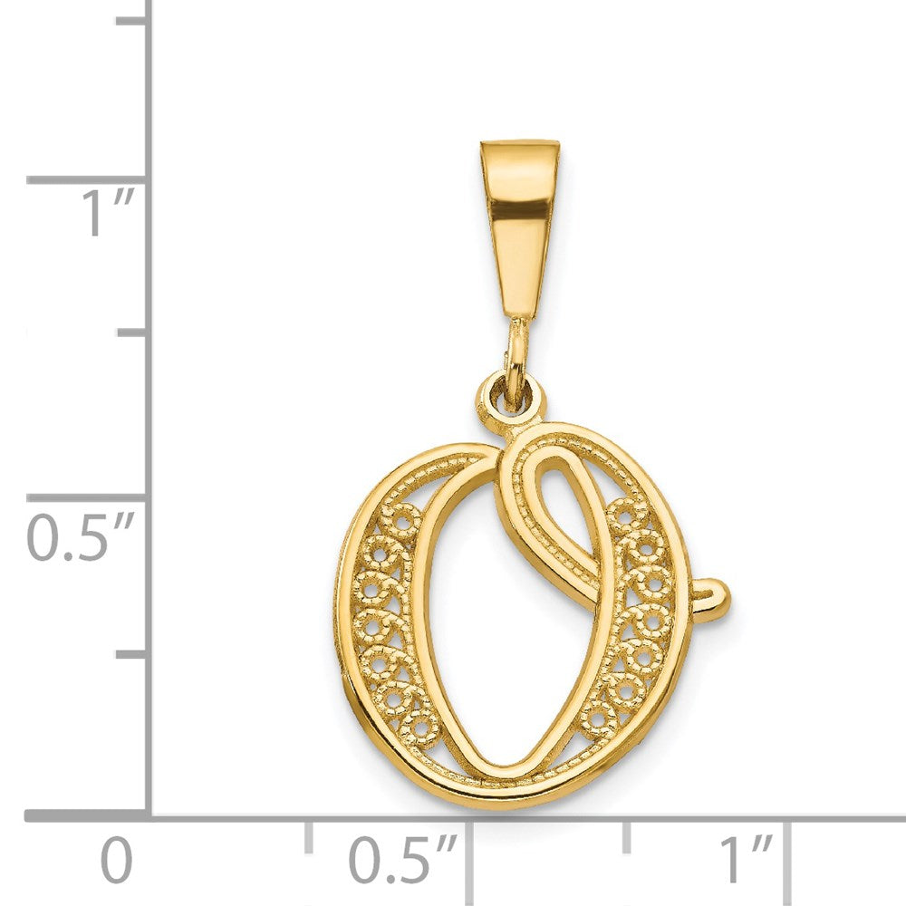 14KY Polished Script Filigree Letter O Initial Pendant