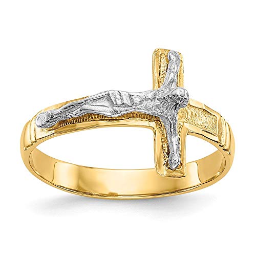14K Two-Tone Polished Diamond-Cut Mens Crucifix Ring Size 9