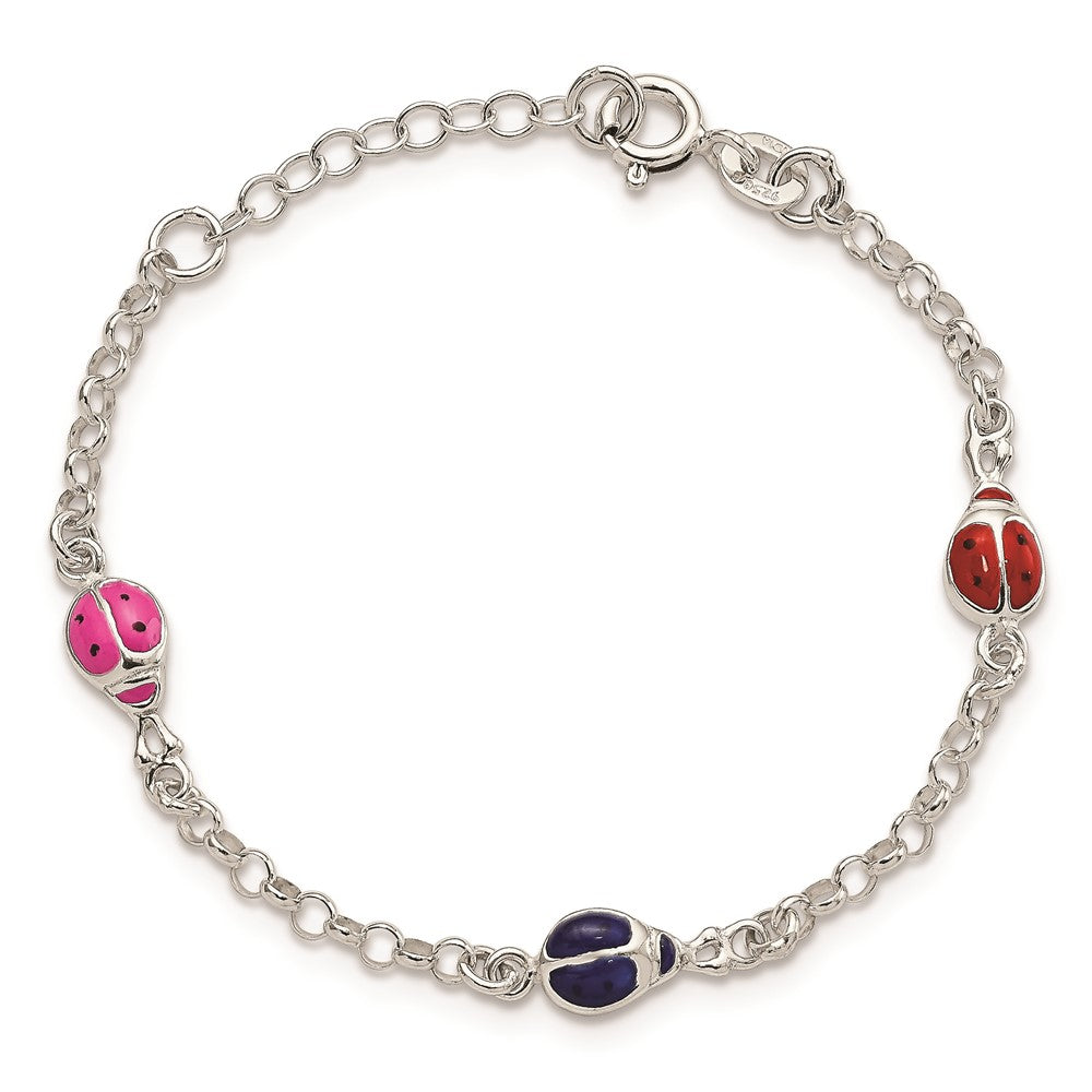 Sterling Silver Multi-color Enamel Ladybugs w/ 1in ext. Children's Bracelet 6 inches
