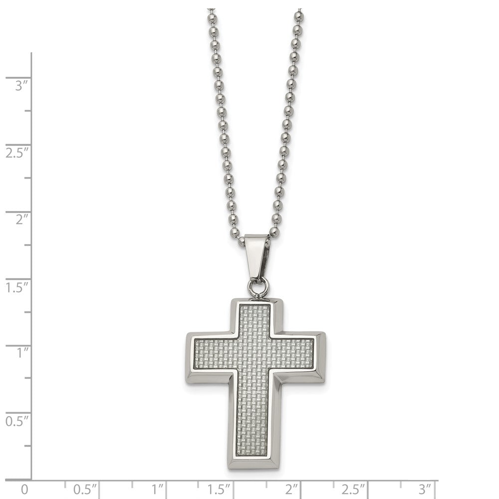 Stainless Steel Polished w/Grey Carbon Fiber Inlay Cross 22in Necklace