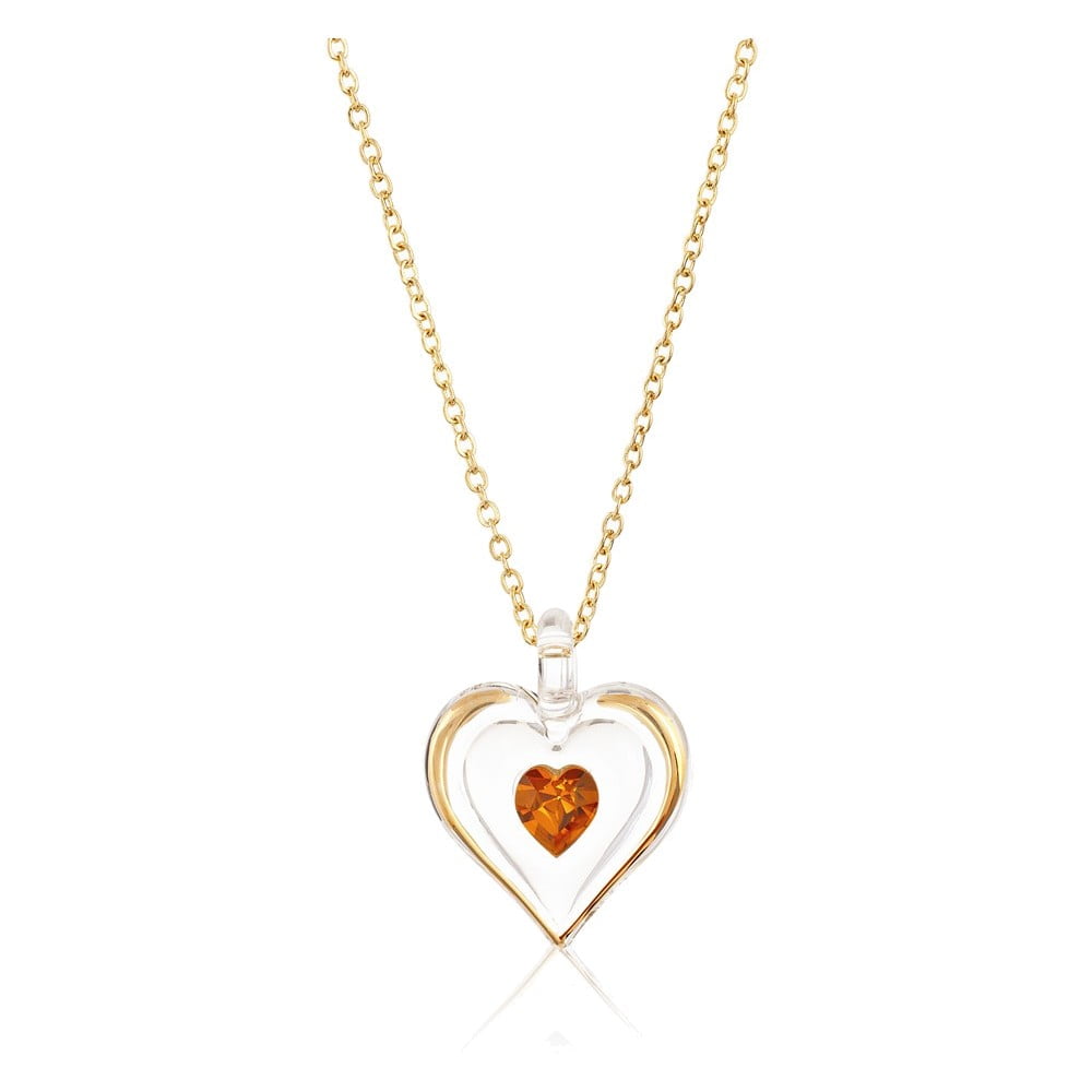 Glass Baron 22K Accent Gilding Gold-trim Glass with Golden Brown November Birthstone Crystal Heart 18 inch Gold-tone Necklace