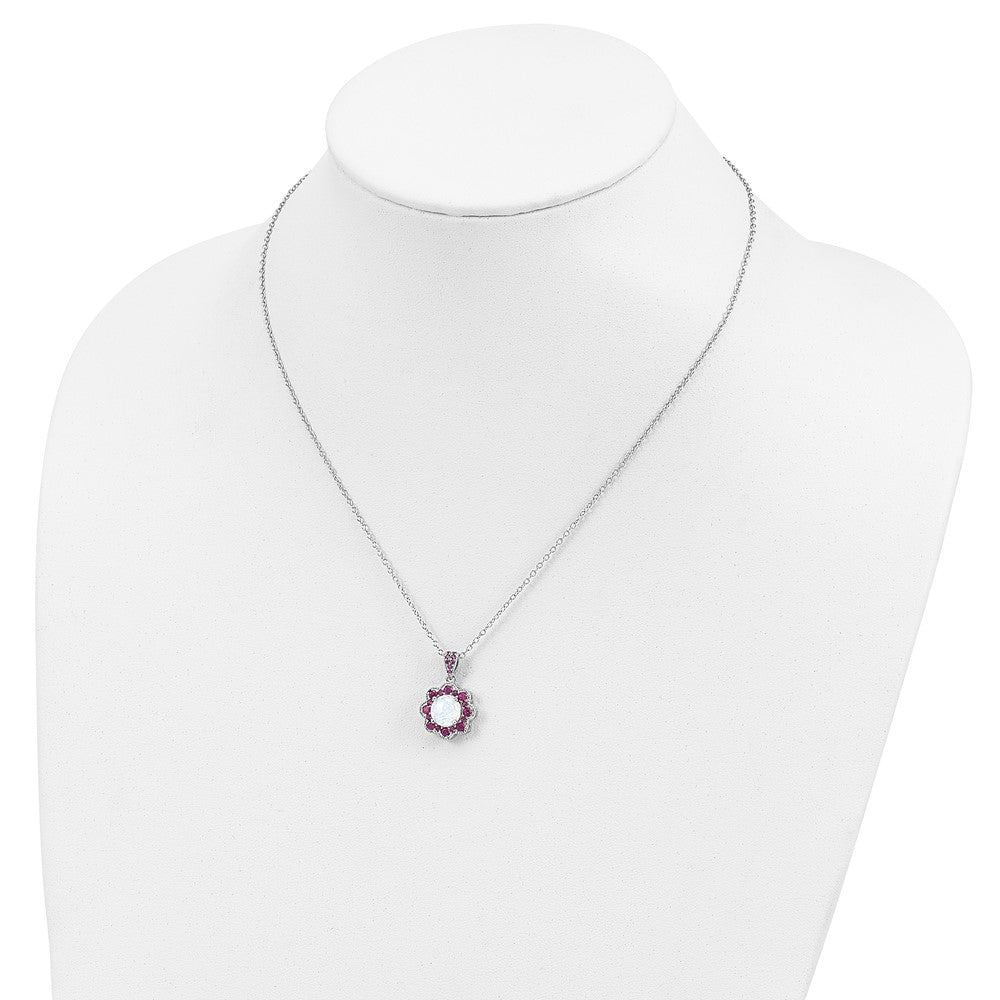 Cheryl M Sterling Silver Rhodium-plated Cabochon Lab Created Opal and Brilliant-cut Red Nano Crystal Flower 18 Inch Necklace 18 Inches