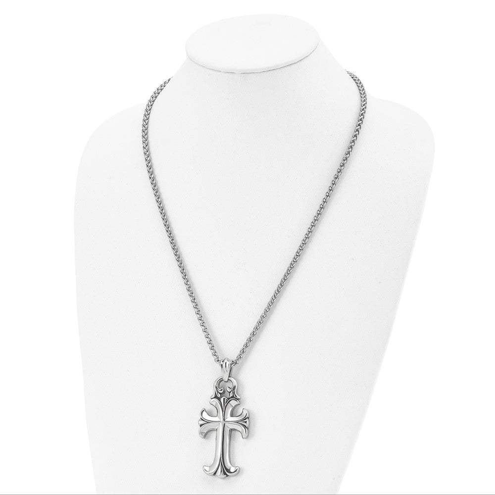 Stainless Steel Antiqued and Polished Cross 24in Necklace
