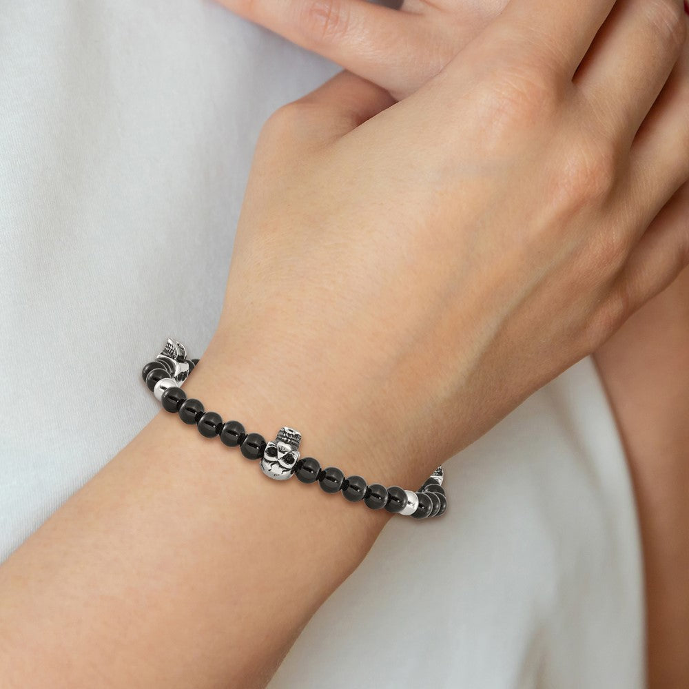 Stainless Steel Antiqued & Polished Black Agate w/Skulls Stretch Bracelet 8.25 inches