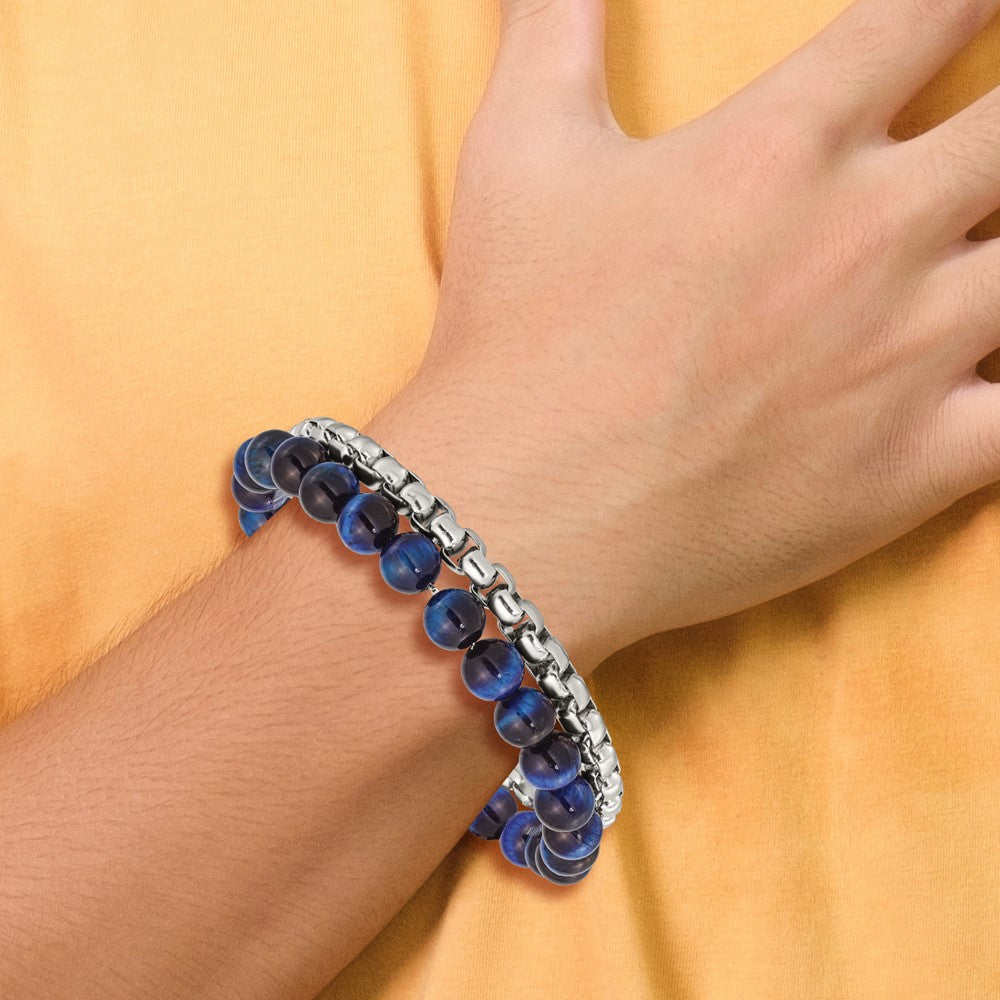Stainless Steel Polished Box Chain & Blue Tiger's Eye 2 Strand 8.5in Bracel 8.5 inches