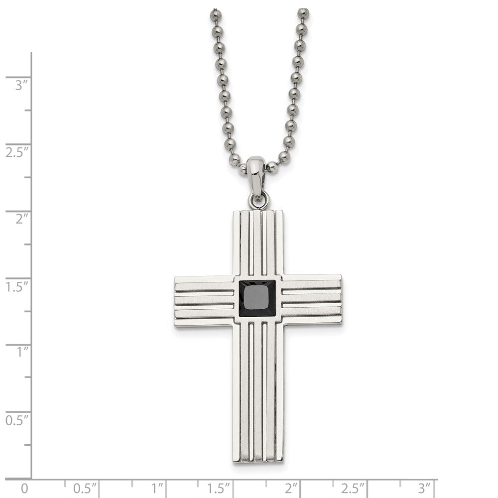 Stainless Steel Brushed and Polished w/Black CZ Cross 24in Necklace