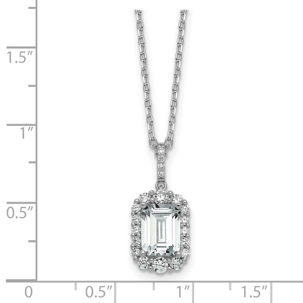 Cheryl M Sterling Silver Rhodium-plated Polished Fancy Emerald-cut CZ Halo with 2 Inch Extension Necklace 16 Inches