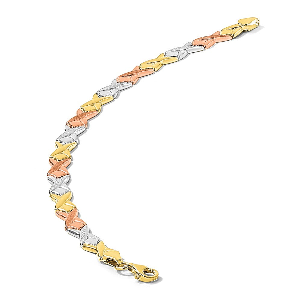 10k Tri-color Polished / Brushed and Diamond-cut Bracelet 7.5 inches