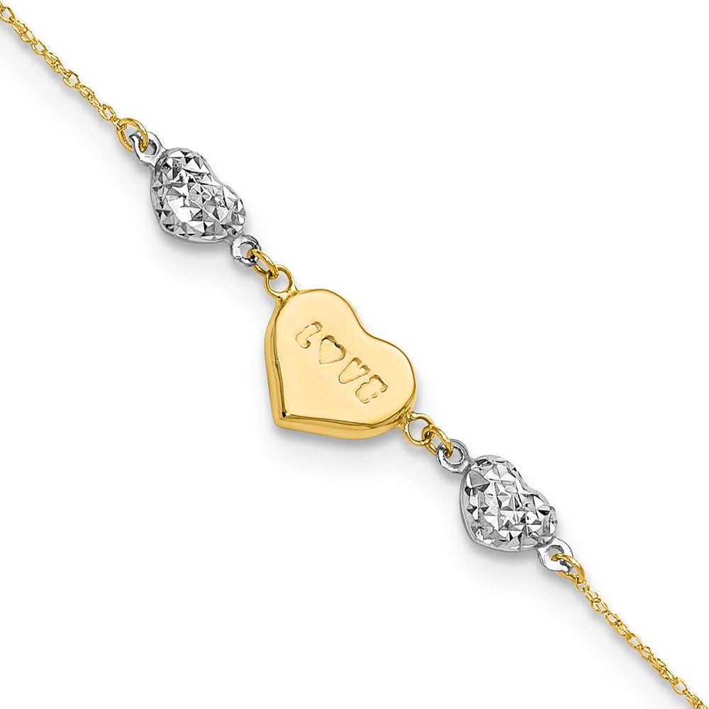 14K Two Tone Puffed LOVE Heart & D/C Hearts Bracelet 7 inches