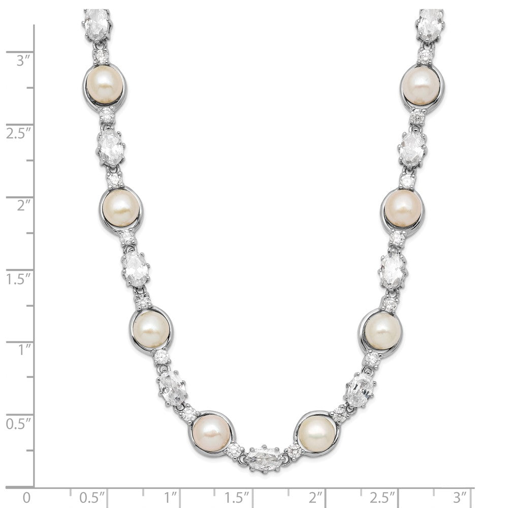 Rhodium Plate Silver Freshwater Cultured Pearl Stationed White Cz Necklace-