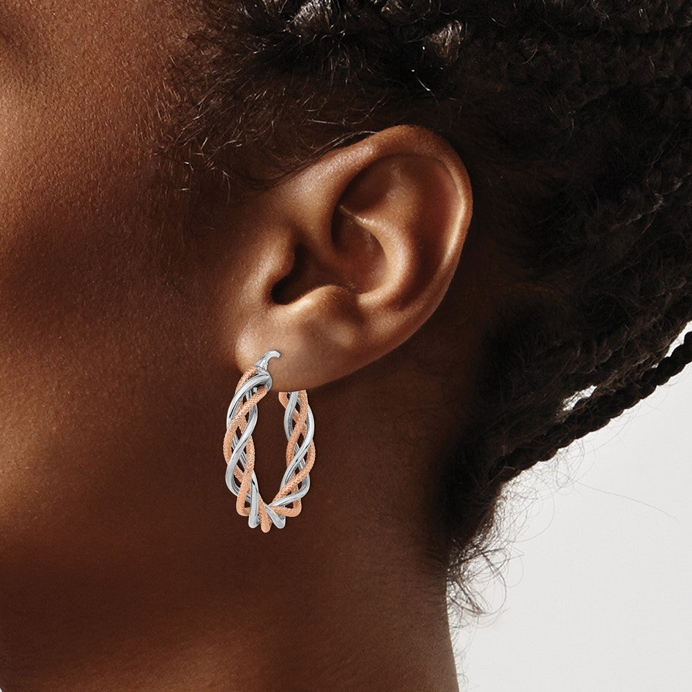 14K White Gold Rose Rhodium Polished and Textured Twisted Hoop Earrings