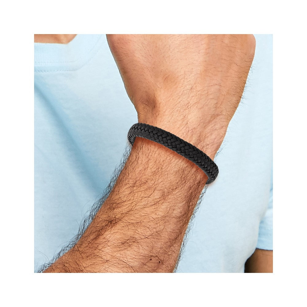 Stainless Steel Polished Black Woven Leather 8in w/.5in ext Bracelet 8 inches