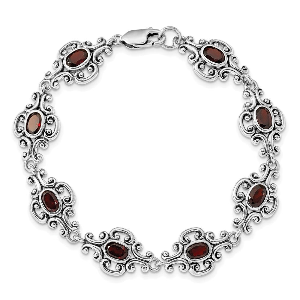 Sterling Silver Rhodium Plated Antiqued Garnet Bracelet 7.25 inches