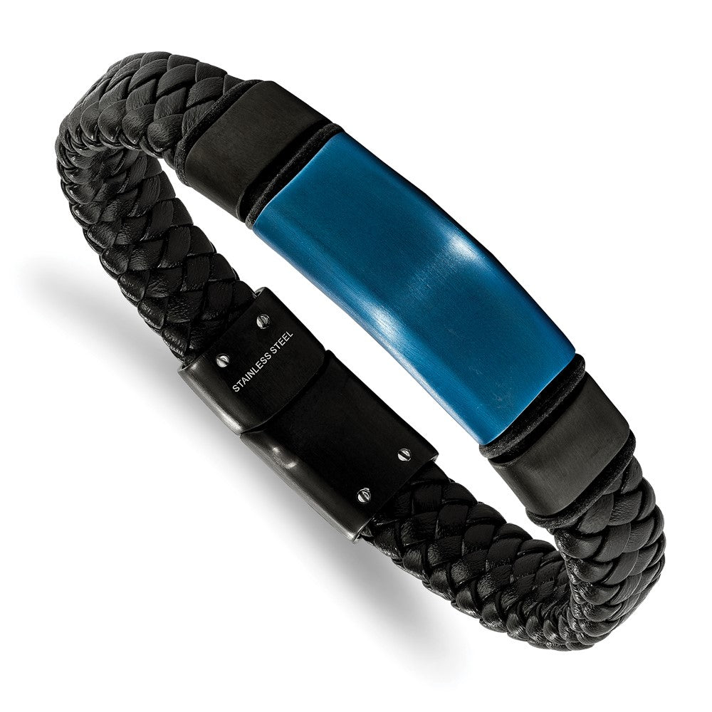 Stainless Steel Black & Blue IP-plated w/Silicone & Leather 8.25in Bracelet 8.25 inches