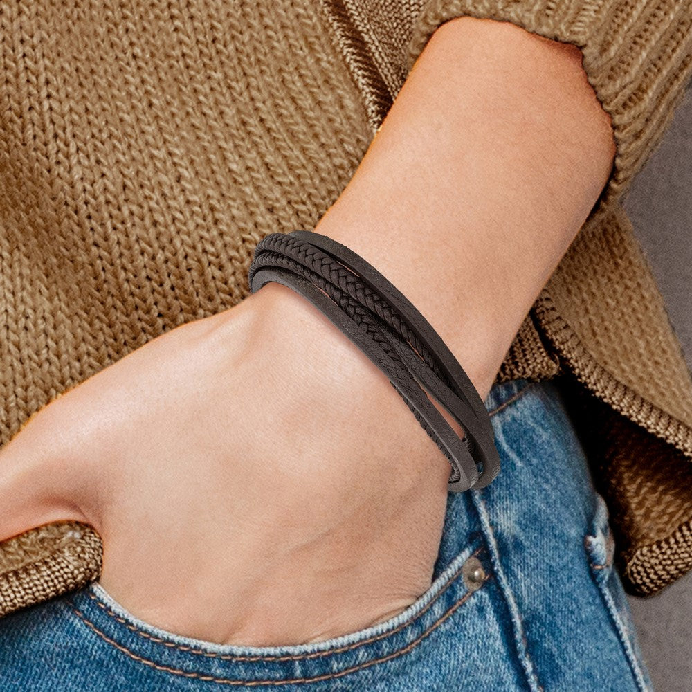Stainless Steel Polished Brown PU Leather Multi Strand w/.5in ext Bracelet 8 inches