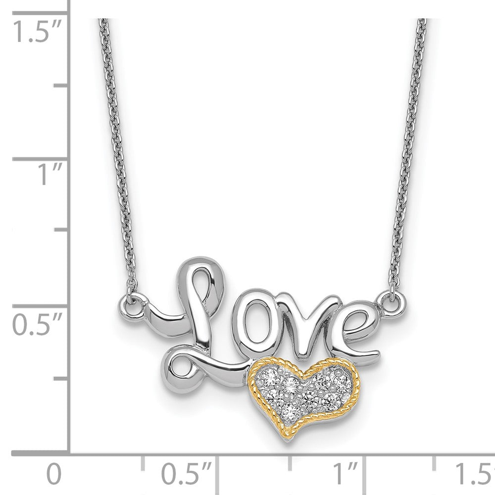 Sterling Silver Rhodium-plated with 14k Accent Polished CZ Love with Heart 16 inch with 2 inch Extension Necklace 16 Inches