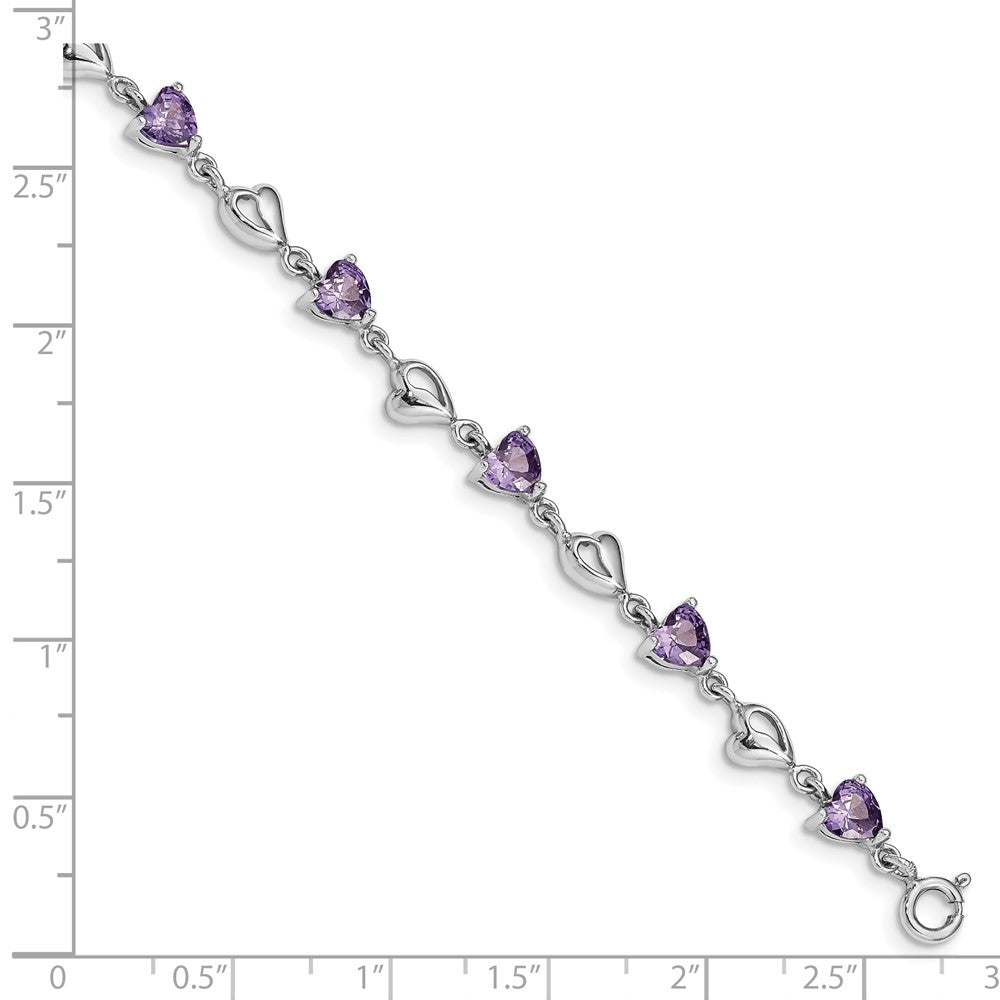 Sterling Silver Rhodium-plated w/1in ext Purple Crystal Hearts Bracelet 6.5 inches